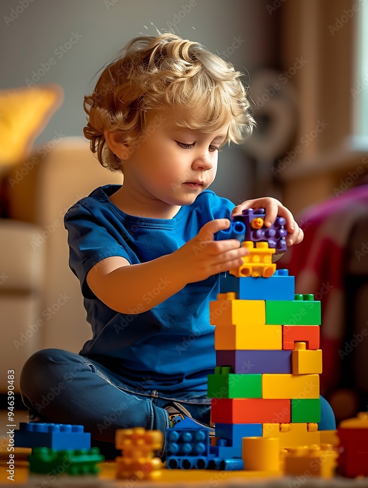 Poster kid building a tall tower of toy bricks looking focused : generative ai