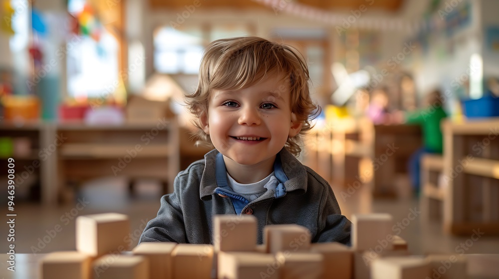 Aufkleber toddler boy playing blocks at the table : Generative AI
