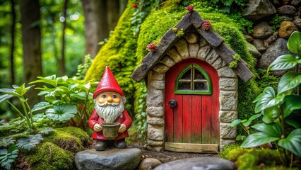 Whimsical garden gnome peeking out from behind a tiny, intricately detailed stone cottage with a bright red door and lush greenery surrounding the miniature dwelling.