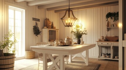 Rustic Farmhouse Dining Room with Whitewashed Wood Walls