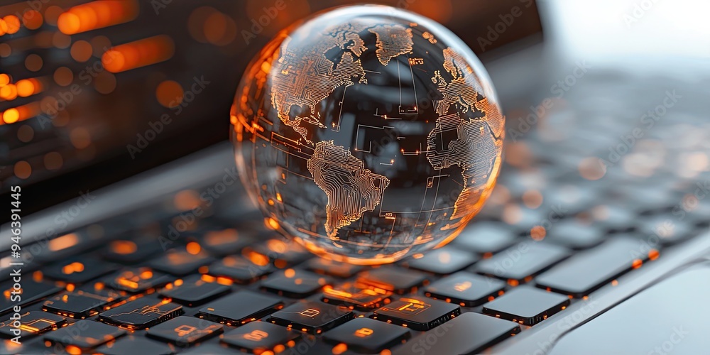 Poster a detailed globe with digital circuit patterns floating above an open laptop keyboard, symbolizing g