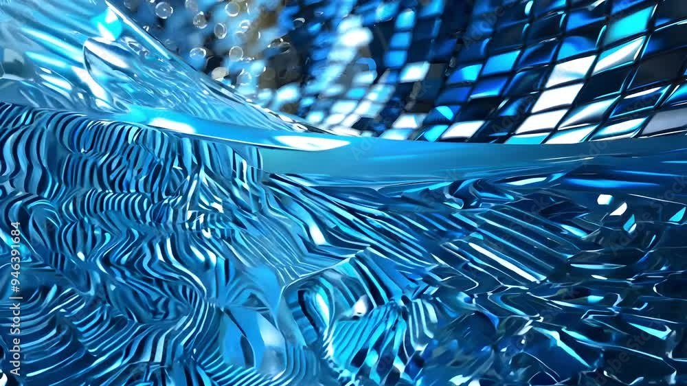 Poster bright, swirling blue patterns create a mesmerizing abstract background with reflections and bubbles