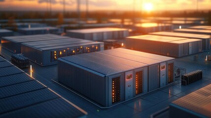 Highefficiency solar battery storage unit showcasing advanced renewable energy optimization techniques selective focus, power management, futuristic, Overlay, industrial facility