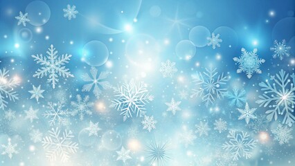 Winter wonderland scene featuring delicate snowflakes gently falling against a soft, gradient blue vector background with subtle sparkle and frosty mist effects.