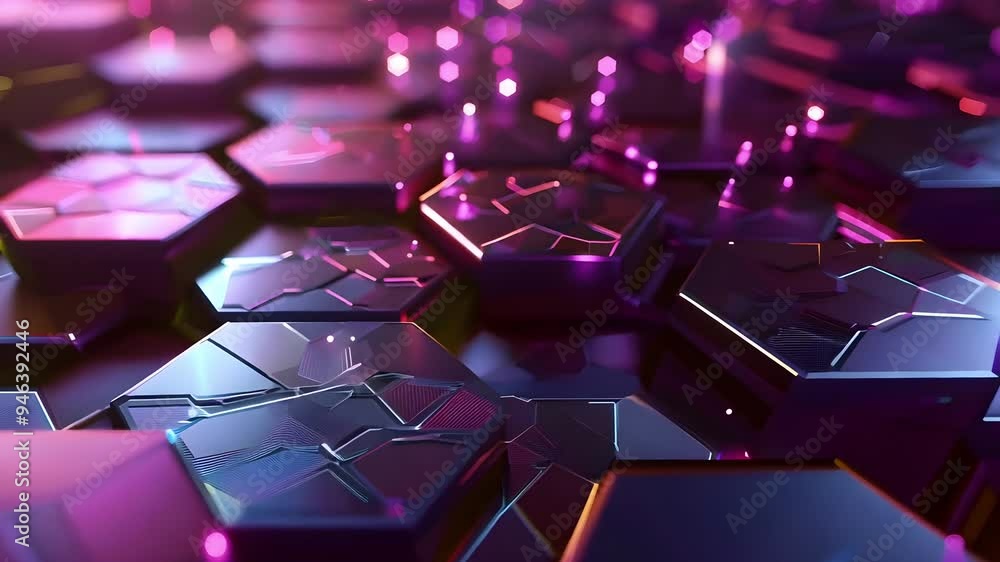 Poster colorful hexagonal tiles create an abstract, futuristic landscape with luminous effects and intricat