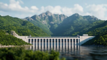 Fototapeta premium Futuristic hydropower plant in a mountainous region, with advanced equipment seamlessly integrated into the natural landscape