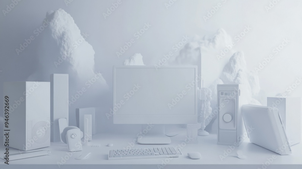 Poster White Monochrome Computer Setup with Abstract Clouds