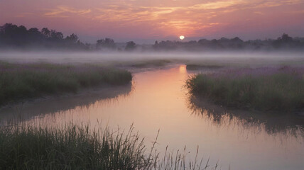 Fototapeta premium A serene landscape painting depicting a tranquil lake at sunset, with a lone tree silhouetted against a fiery sky and purple wildflowers blooming along the shore..