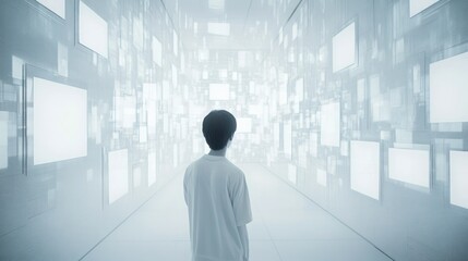 A Person Walking Through a Hallway Lined With Blank White Frames