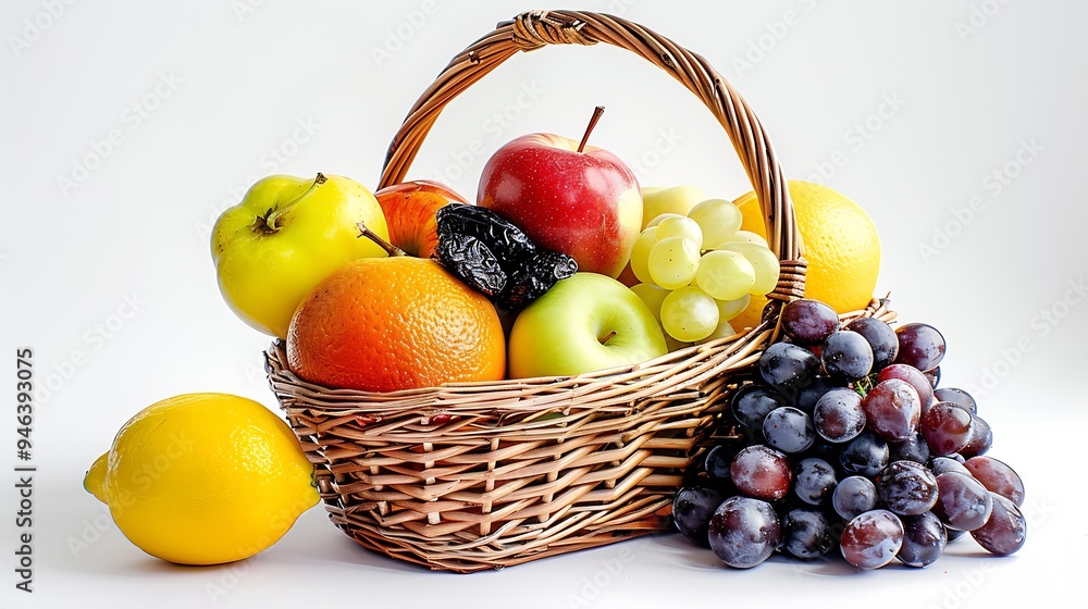 Poster packshot of a fruit basket containing three types of apple : generative ai