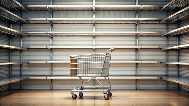 A bare supermarket shelf with a lone shopping cart icon on the floor, symbolizing scarcity, emptiness, and lack of supply in a retail environment.
