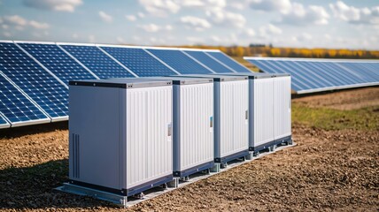 Modular battery storage units near solar panels, emphasizing flexible electricity solutions for varying climate impacts