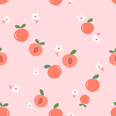Seamless pattern of peach fruit with green leaves and cute hand drawn flower on pink background vector. Cute fruit print.