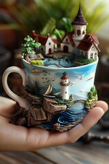 A cup, a world in a cup. piece of land & ocean like a soup : Generative AI