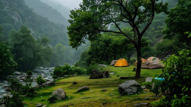 Camping Essentials: Tents on riverside. Camping and tent riverside on the sunny day. Camping at nature. Camping travell concept. Traveler people enjoying the advanture