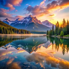 Colorful sunrise illuminating mountain peaks reflected on a calm lake with fog patches in a serene landscape