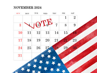 2024 United States Presidential Election. Calendar with November 5th date marked and watercolor painted of American Flag. Close-up. Beautiful Election day invitation card, isolated
