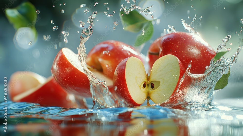 Poster red apples splashing into water with water droplets