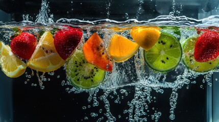 Sliced Fruits Falling into Water with Splash
