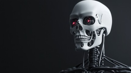 Eerie robot with skeletal frame, dark background, 3D illustration
