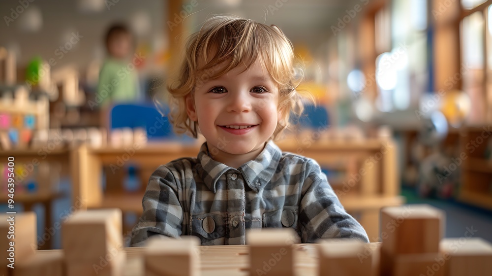 Poster toddler boy playing blocks at the table : Generative AI