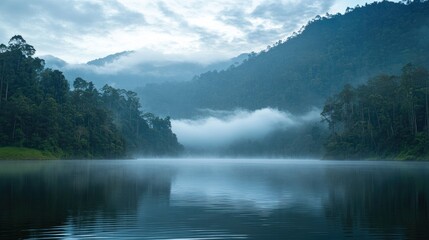 Misty Morning over a Still Lake and Green Mountains