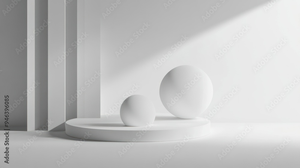 Poster white spheres and platform in minimalist setting