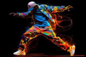 Man in bright clothes dancing hip-hop isolated on dark background in mixed neon light