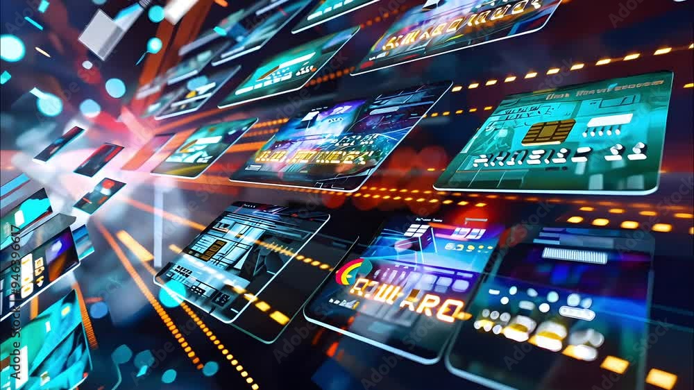 Poster colorful digital interfaces and screens display vibrant data visualizations and graphics, showcasing