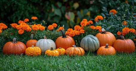 Colorful Orange Pumpkins and Gourds with Vibrant Marigold Flowers, Sunny Garden Background for Halloween and Thanksgiving, Ideal for Banner or Poster