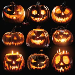 A collection of jack-o-lanterns with different faces and expressions, lit by flickering candles, creating a festive and eerie ambiance.