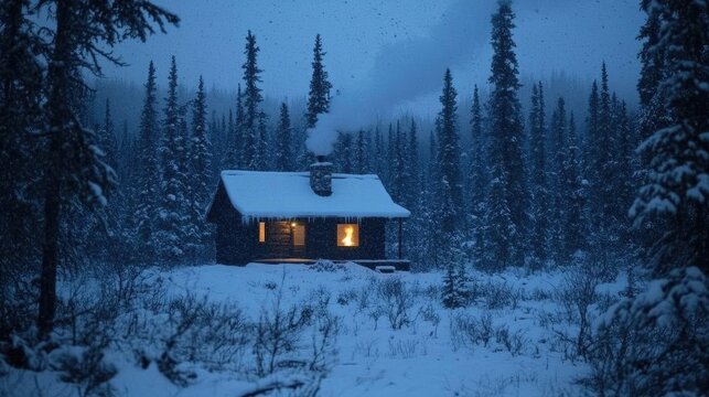 A Cozy Cabin in the Snowy Wilderness with a Smoky Chimney