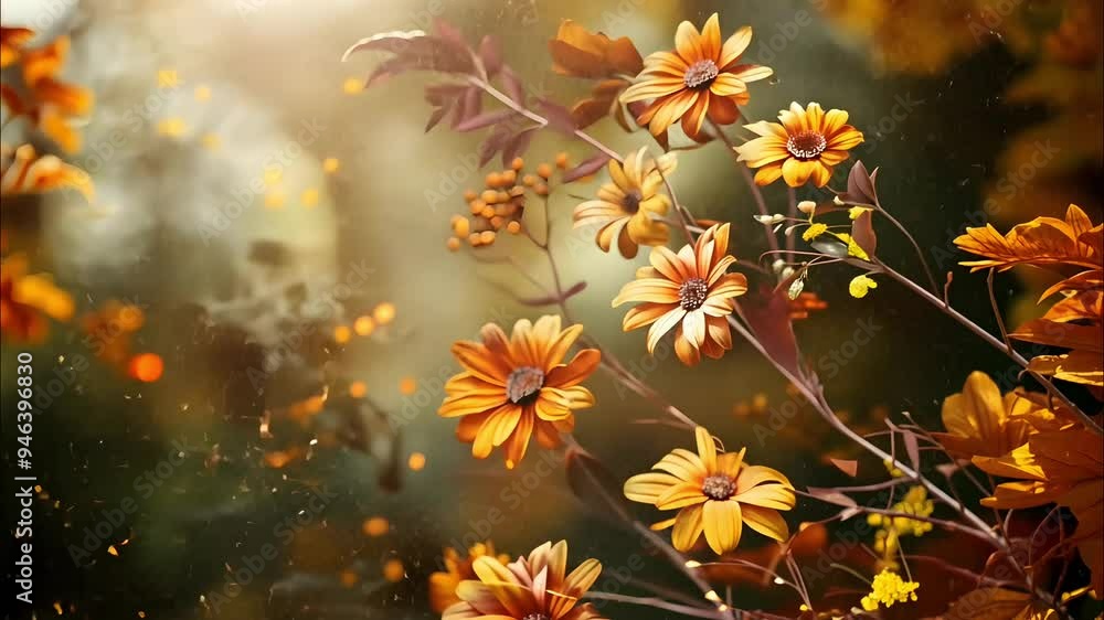 Poster vibrant flowers in warm autumn tones bloom amidst soft bokeh lights, creating a serene and enchantin
