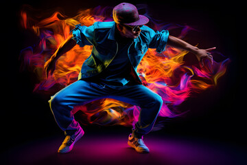 Fototapeta premium Man in bright clothes dancing hip-hop isolated on dark background in mixed neon light