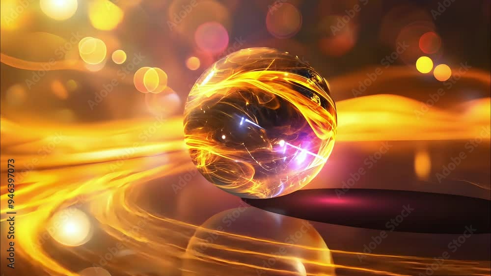 Poster a glowing abstract orb with swirling golden light, set against a vibrant background of soft bokeh an