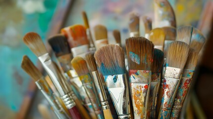 Fototapeta premium Close-Up of Colorful Paintbrushes with Vibrant Oil Paints Creating Dynamic Strokes, Showcasing Artistic Creativity and Expression, Perfect for Painting-Themed Posters, Backgrounds, and Banners
