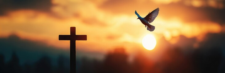 Fototapeta premium Silhouette of Jesus Christ on the Cross with Soaring Dove, Vibrant Sunset Sky Background for Easter Theme Banner with Copy Space