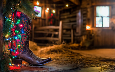 Fototapeta premium Cowboy boot decorated with Christmas lights in a barn