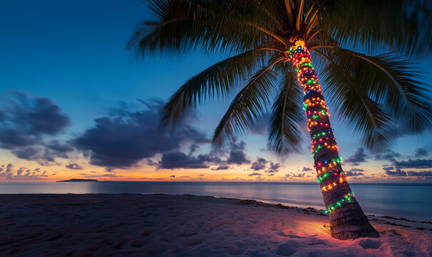 Palm tree decorated in colorful christmas lights on tropical beach at sunset with copy space
