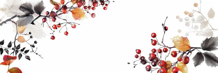 Naklejka premium autumn banner plants and berries isolared on white.