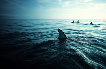 Shark fins in calm ocean water 