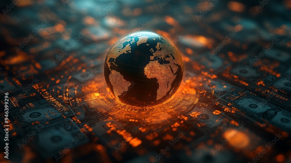 Poster a glowing holographic globe showcases world connectivity, surrounded by intricate patterns of digita