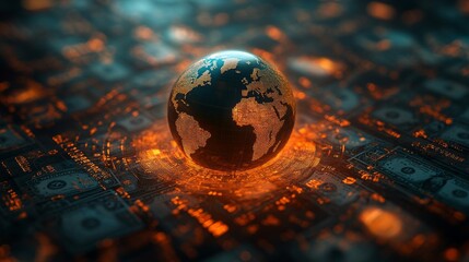 A glowing holographic globe showcases world connectivity, surrounded by intricate patterns of digital currency and data circuits in a futuristic setting.