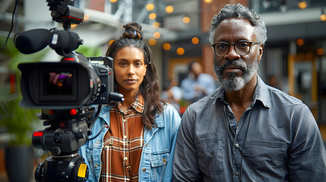 Two filmmakers, a man and a woman, stand behind a professional camera setup outdoors, preparing for a film shoot or interview