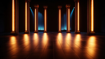 Fototapeta premium A beautifully lit hall featuring tall columns, dramatic lighting, and a polished floor, creating an elegant atmosphere.