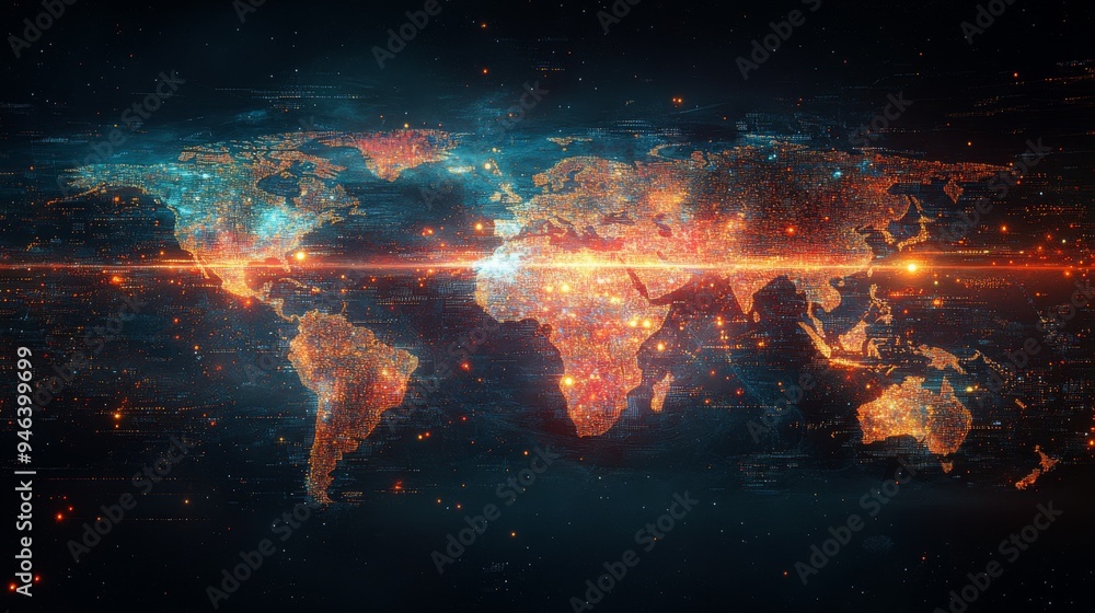 Poster a dynamic holographic map illustrates global news, displaying vibrant data points and connections ac