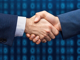 A close-up of two hands shaking, symbolizing partnership and agreement in a professional setting against a digital background.