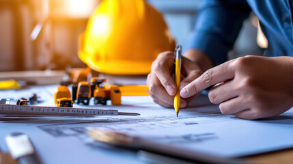 Obraz premium A construction worker sketches plans with precision on a design sheet, surrounded by tools and machinery.