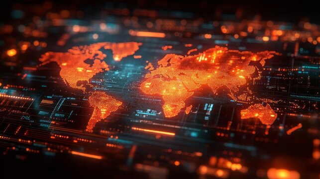 A detailed holographic display showcases a global map filled with real-time news data, glowing digital elements, and trends across various regions. - Powered by Adobe
