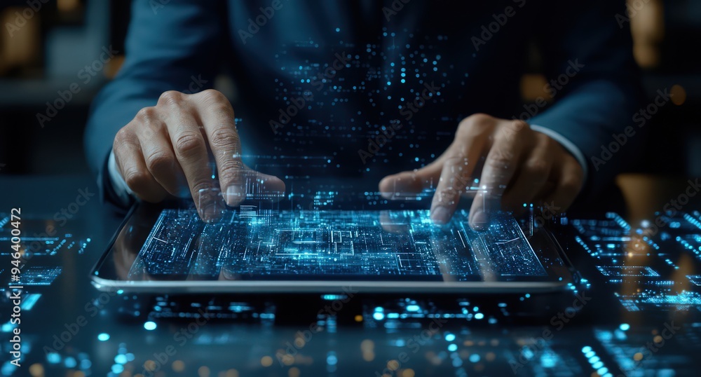 Poster a businessman using a tablet with a digital screen and a futuristic hologram on the table in an offi